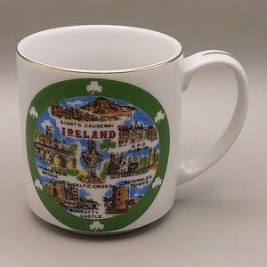 Ireland Coffee Cup Mug Irish Destination Monuments Shamrocks Gold Trim Souvenir